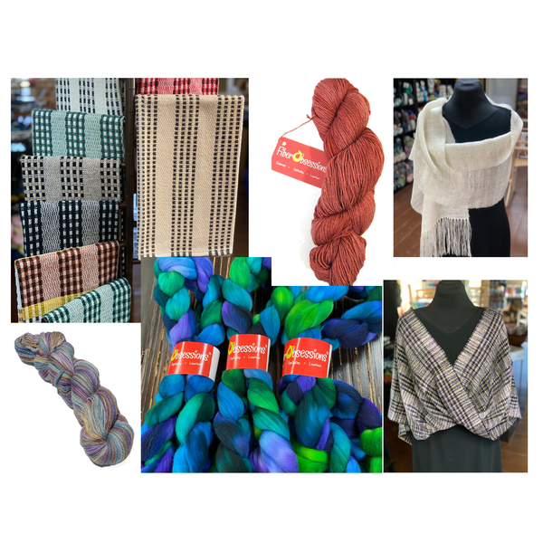 Collection of FiberObsessions hand-dyed yarns and fibers, handspun and handwoven wearables.